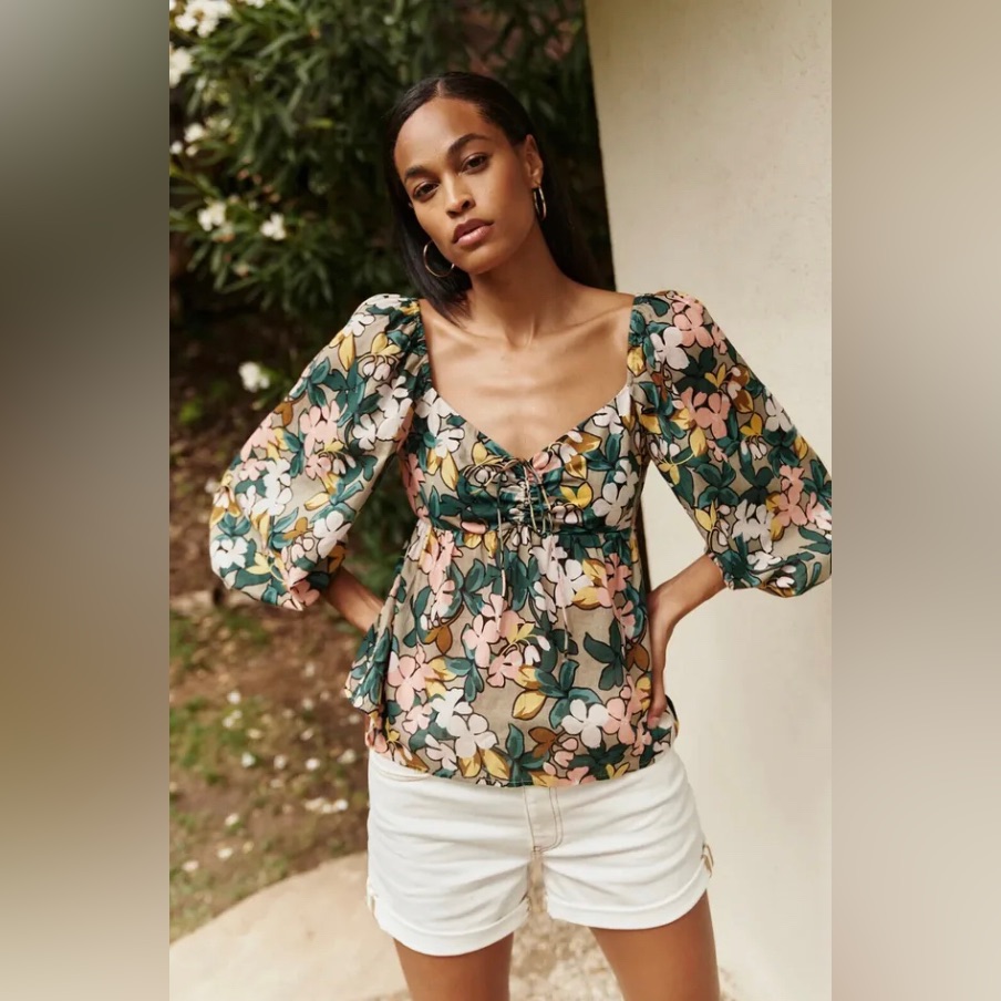 Velvet By Graham & Spencer Floral 3/4 Puff Sleeve Peplum Blouse Top